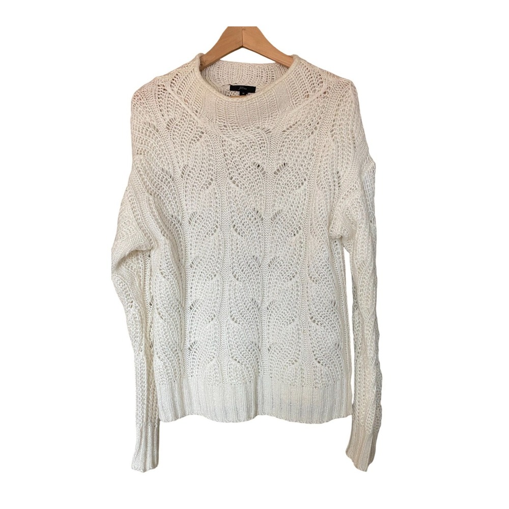 J Crew Alpaca Blend Cable Knit Sweater Ivory M Roll Mock Neck Fisherman Preppy